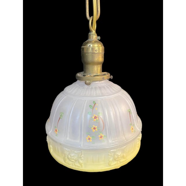 1930s Brass Pendant Lamp With Yellow Floral Shade For Sale In South Bend - Image 6 of 6