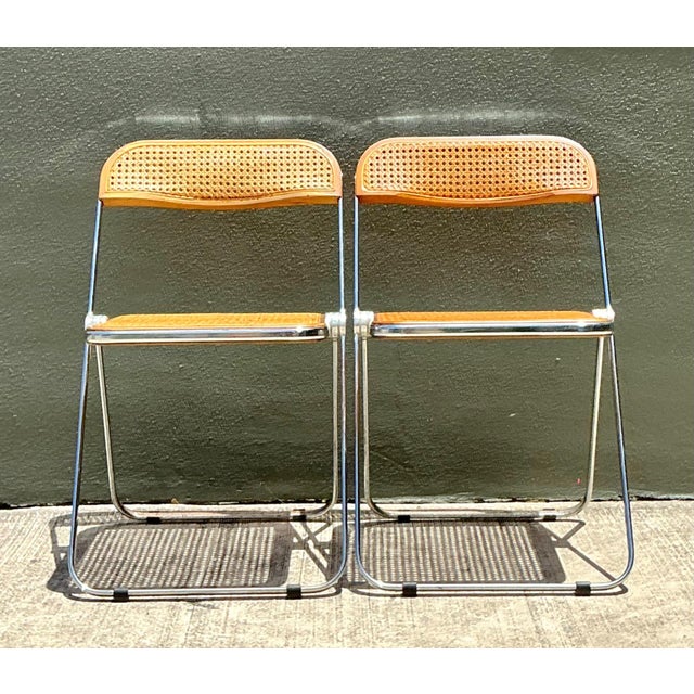 Vintage Italian Chrome and Cane Folding Chairs - A Pair For Sale - Image 13 of 18