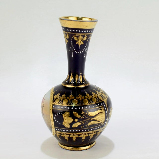 Signed Antique Royal Vienna Style Porcelain Gilt & Hand Painted Cobalt Blue Vase For Sale In Philadelphia - Image 6 of 13