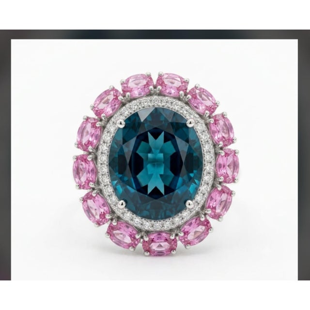 Modern Natural Blue Topaz, Diamond, & Pink Sapphire Ring in 14k Gold For Sale - Image 3 of 8