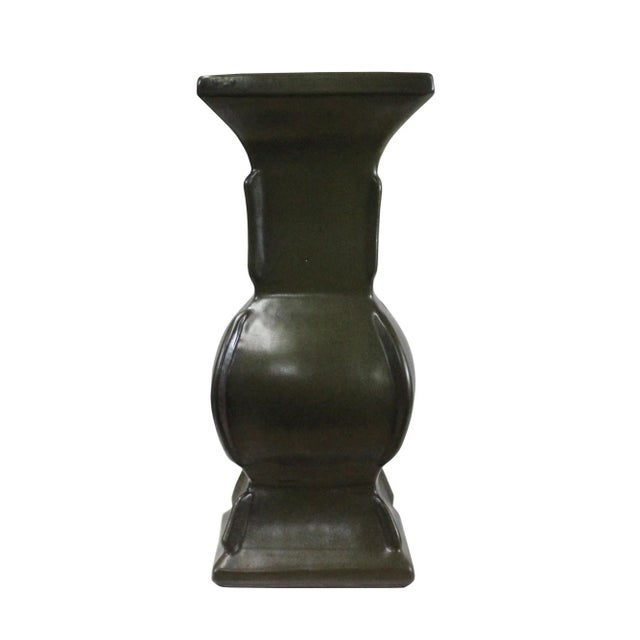 Ceramic Chinese Handmade Dark Olive Army Green Ceramic Accent Vase For Sale - Image 7 of 7