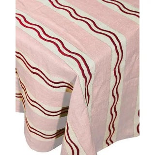 Misette Monaco Stripe Linen Embroidered Tablecloth, Pink For Sale