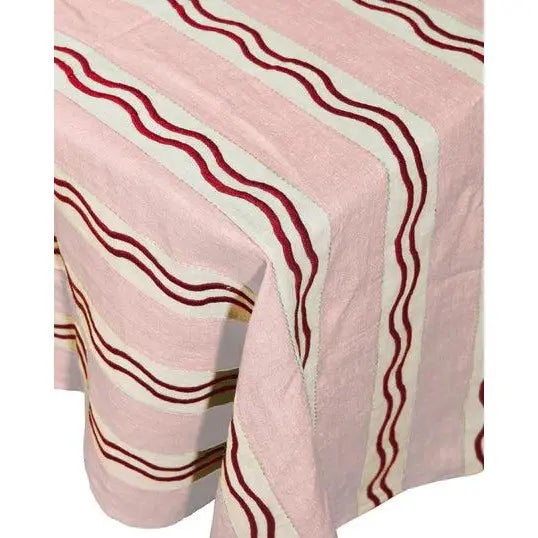 Misette Monaco Stripe Linen Embroidered Tablecloth, Pink For Sale