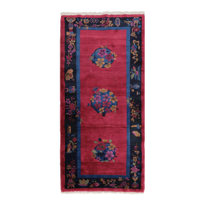 3'x7' Vintage Chinese Art Deco Rug | Red Wine & Navy Short Runner Rug
