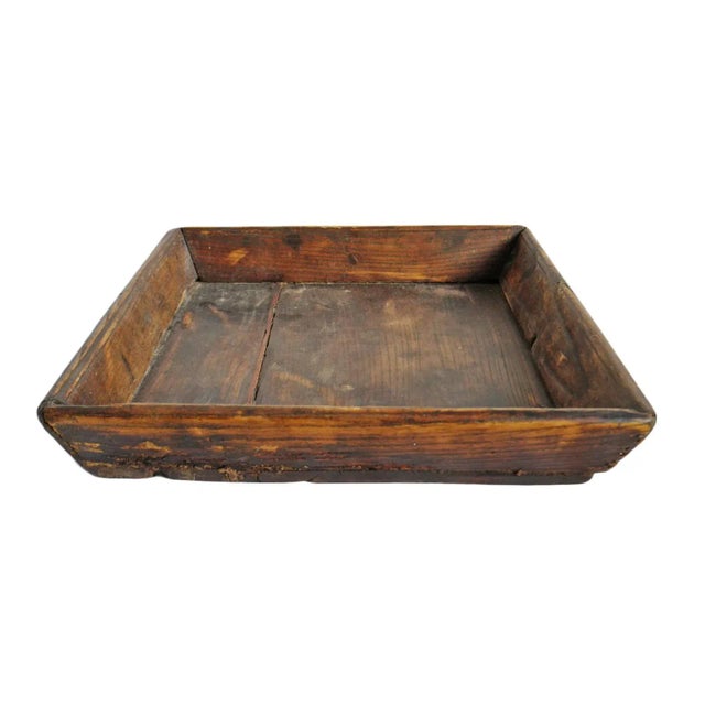 Vintage Mongolian square pine wood tray. Aged stained and hand waxed finish. Each is unique in tones, grain, and distress.