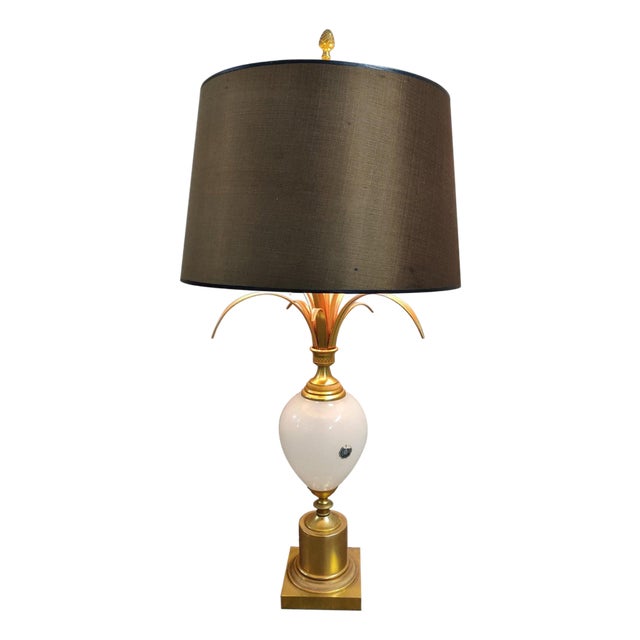 Brass and Opaline Pineapple Leaf Table Lamp, 1960s For Sale