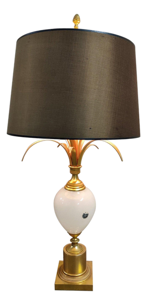 Brass and Opaline Pineapple Leaf Table Lamp, 1960s