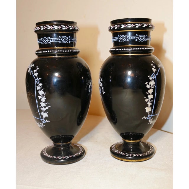 Pair of 2 Antique Handmade Bohemian Enameled Black Amethyst Glass Etched Vases For Sale - Image 11 of 12