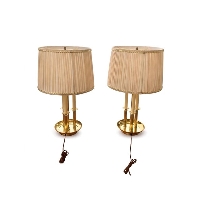 Hollywood Regency Set of 2 Vintage Brass Bouillotte Pair Table Lamps 3 Arm Candelabra Lamp With Pleated Shades Hollywood Regency For Sale - Image 3 of 12