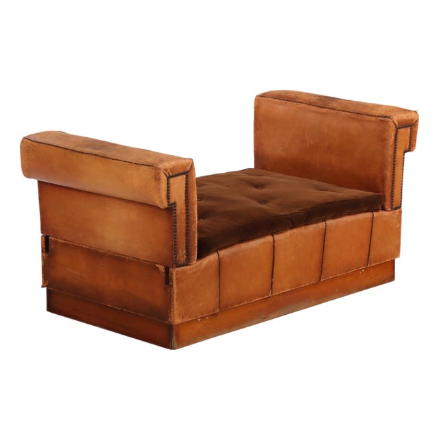 Circa 1920 Art Deco Modular Cognac Leather Chaise Lounge With Velvet Cushions For Sale