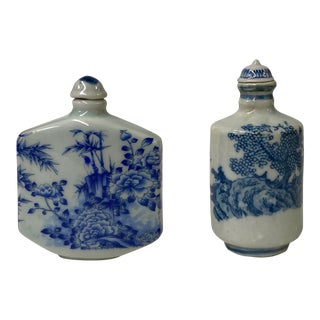 2 X Chinese Porcelain Snuff Bottle With Blue White Scenery Graphic For Sale