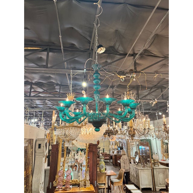 Modern Modern Murano Teal Glass Chandelier For Sale - Image 3 of 9