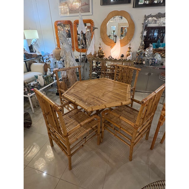 Vintage Bamboo Rattan Reed Dining Game Table & 4 Dining Arm Chairs For Sale - Image 10 of 12