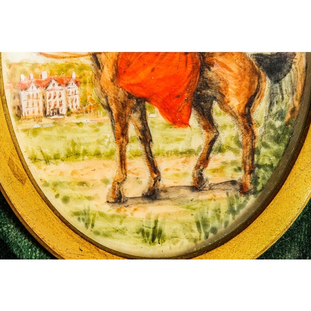 Textile Exquisite Rare Pair Victorian Antique Portrait Miniature Paintings English Country Horse Equestrian Theme For Sale - Image 7 of 16