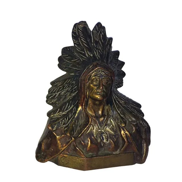 American 19th Century North American Indian Bronze Chiefs Signed Bookends - a Pair For Sale - Image 3 of 8