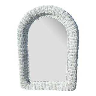 Vintage Coastal Boho White Wicker Arched Wall Mirror For Sale