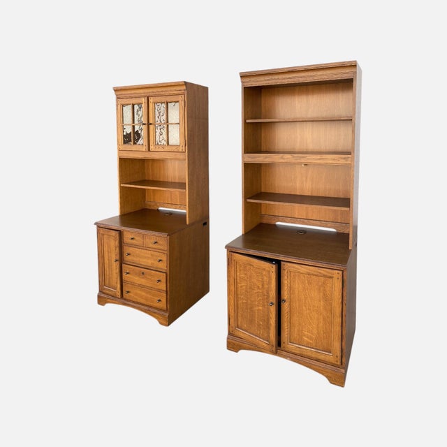 1990s Pair of Cottage Style Oak Hutch Cabinets With Glass Doors For Sale - Image 15 of 18