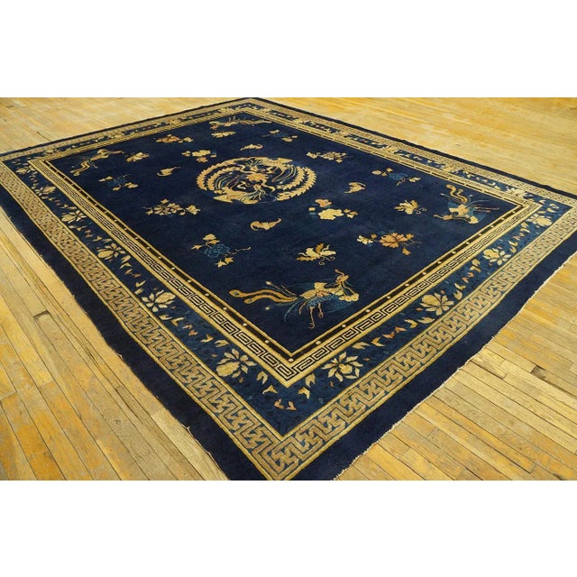 Art Nouveau Artistic Blue Background With Chinese Bat Dragon and Bird of Paradise Design Antique Peking Rug For Sale - Image 3 of 12