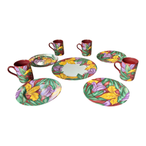 Vintage Colorful Tropical Style Dessert Dish Set- 9 Pieces