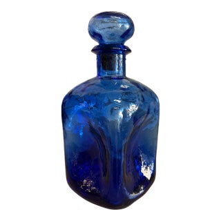 Vintage Handblown Blue Glass Bottle With Stopper For Sale