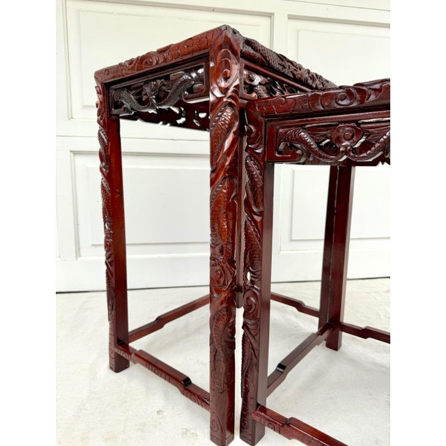 Set of 3 Asian Chinese Carved Rosewood Nesting Tables For Sale In Los Angeles - Image 6 of 12