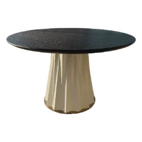 Sculptural Designer Dining Table – Attributed to Baker “Heliodor” Pedestal in Ivory & Gold × Rh 48″ Black Brushed Oak Top For Sale