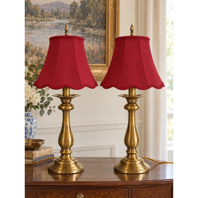 Stiffel Vintage Stiffel Brass Candlestick Table Lamps With Red Scalloped Shades - Pair For Sale - Image 4 of 7