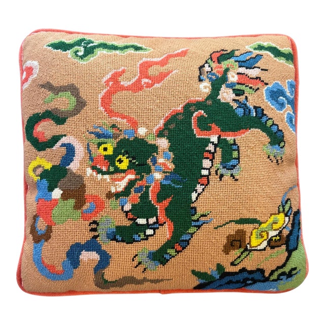 Midcentury Needlepoint Pillow Foo Lion For Sale