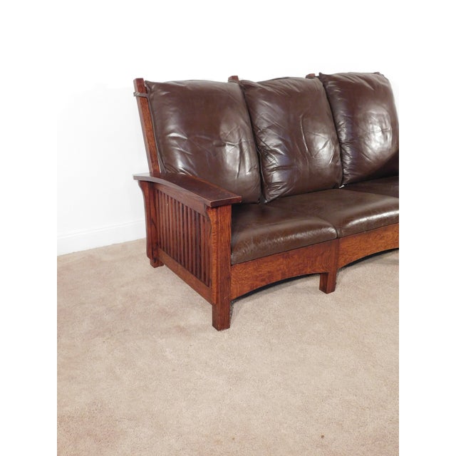 Vintage Antique Style Mission Prairie Arts & Crafts Dark Oak Scallop Back Sofa For Sale In South Bend - Image 6 of 16