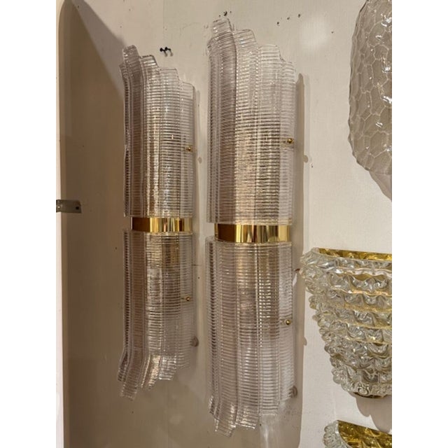 Large Scale Ribbed Murano Glass and Brass Tube Form Sconces For Sale - Image 4 of 5