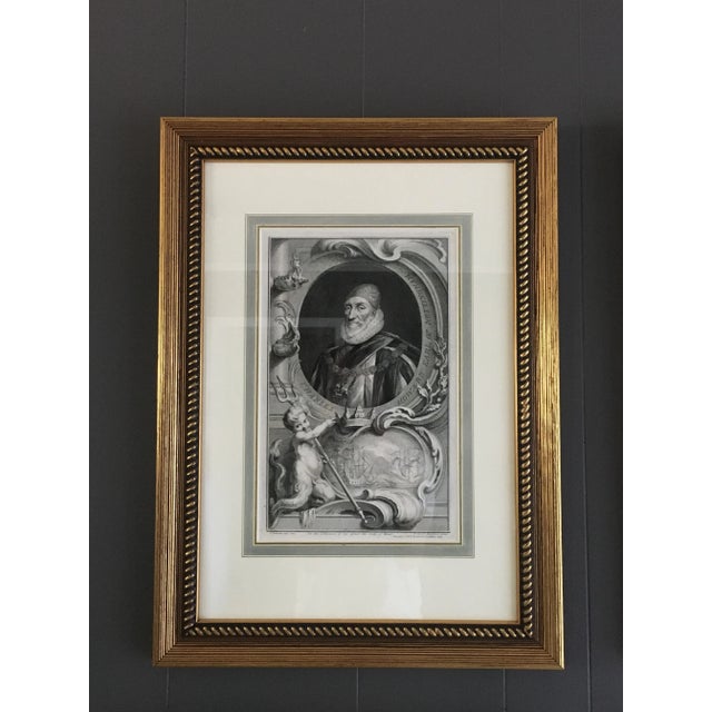 A lovely set of four 18th century style portrait engravings with allegorical scenes presented in giltwood frames under...