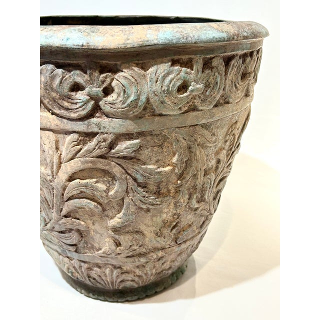 Large Vintage c.1996 Verdigris Patina Embossed Leaf Urn For Sale - Image 4 of 4