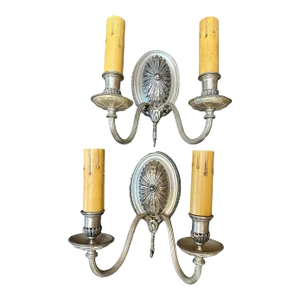 Pair of Original Silver Plate Over Brass Acanthus Leaf Motif Wall Sconces, Circa 1910