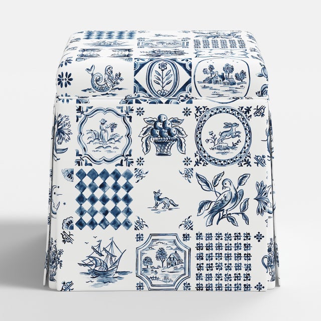 Spritely Home Dyer Skirted Storage Ottoman in Delft Print For Sale - Image 4 of 5