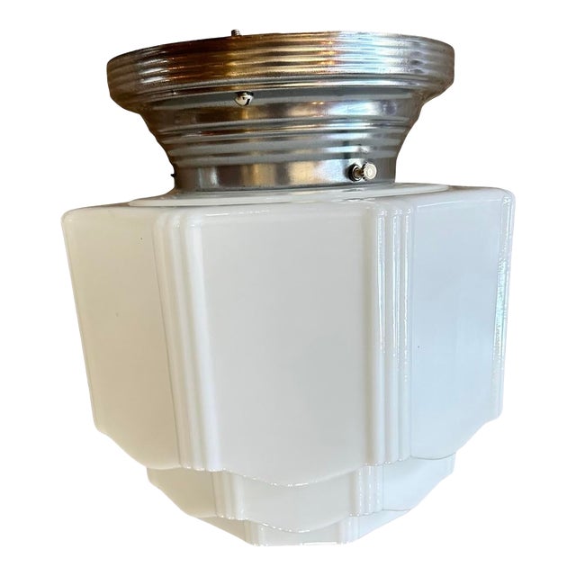 White Art Deco Milk Glass Skyscraper Wedding Cake Flush Mount Ceiling Light Fixture For Sale