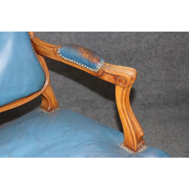 Blue French Louis XV Style Walnut and Leather Set of 10 Dining Chairs C. 1940s For Sale - Image 8 of 15