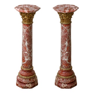 Italian-Inspired Red Marble Pedestal – Sculptural Column With Gold Leaf & Bronze Ornamentation For Sale