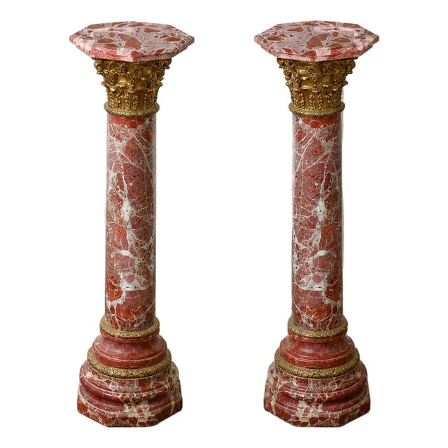 Italian-Inspired Red Marble Pedestal – Sculptural Column With Gold Leaf & Bronze Ornamentation For Sale