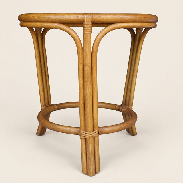 Boho Chic Late 20th Century Bamboo and Rattan Round Side Table With Inset Wood Top For Sale - Image 3 of 7