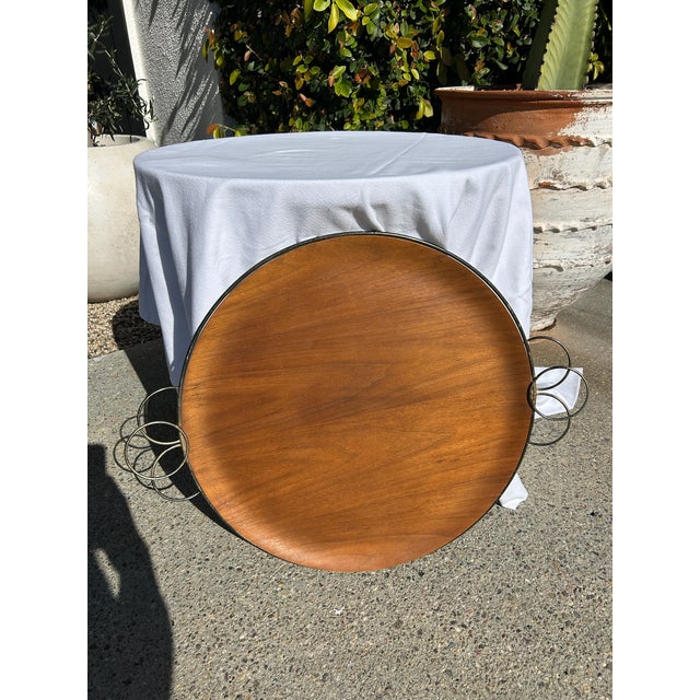 Vintage Mid-Century Wood Serving Tray With Sculptural Metal Handles For Sale - Image 4 of 14
