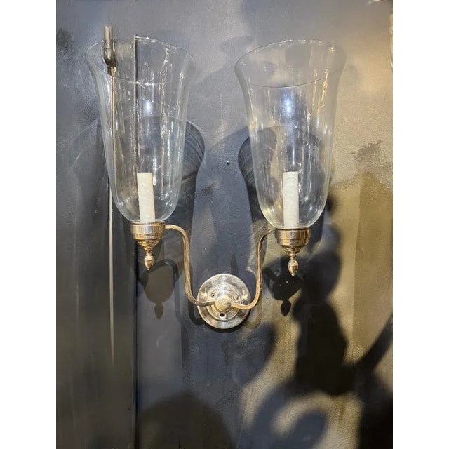 1910 Silver Plate Bronze and Hurricane Glass Sconces Two Lights - a Pair For Sale In New York - Image 6 of 6