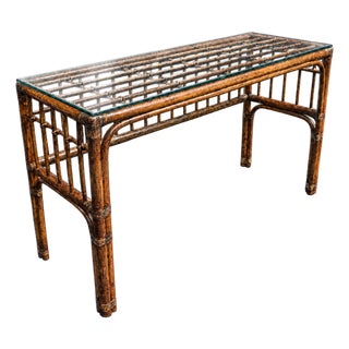 1970s Burnt Bamboo Console Table With Glass Top and Open Lattice Shelf For Sale