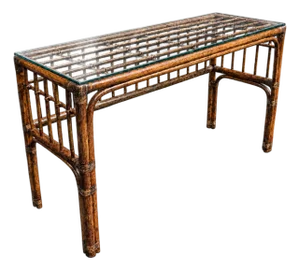 1970s Burnt Bamboo Console Table With Glass Top and Open Lattice Shelf