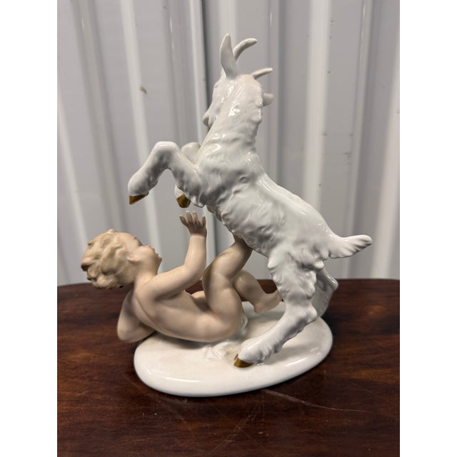 Vintage Wallendorf Germany Porcelain Cherub With Rearing Goat Figurine | Crown W 1764 For Sale - Image 4 of 4