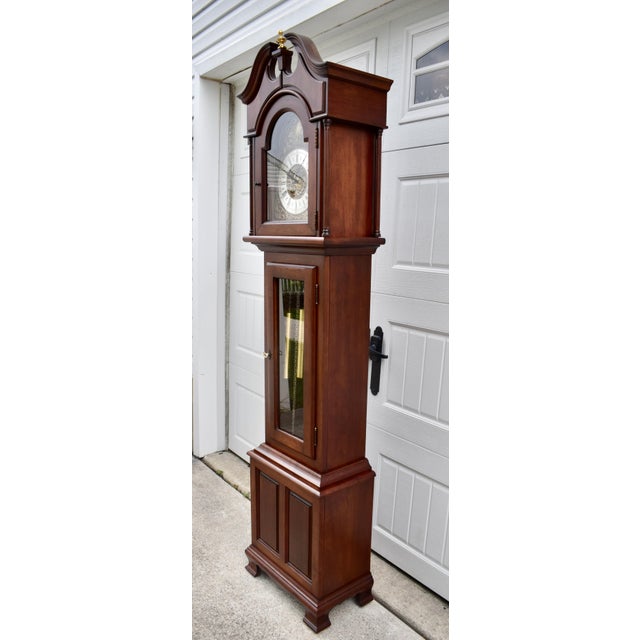 Wood Traditional Mahogany Grandmother Clock Vintage Mechanical Embossed Dial For Sale - Image 7 of 18