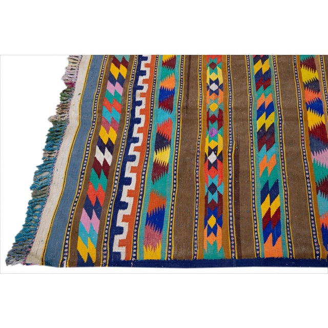 Brown Vintage Kilim Handmade Flatweave Geometric Motif Wool Runner For Sale - Image 4 of 11