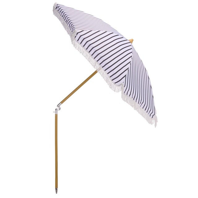 Metal Bella 6.5 Ft Beach Fringed Umbrella, Navy Bistro Stripe For Sale - Image 7 of 8