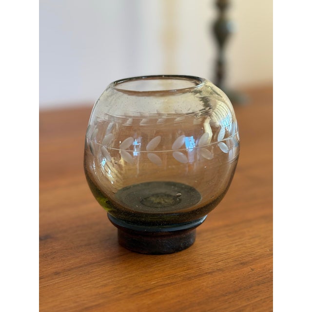 Vintage Jan Barboglio Smoked Glass Vessel With Forged Metal Base For Sale - Image 4 of 6