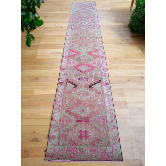 1970s Hand-Knotted Turkish Runner Rug Tribal Narrow Long Runner - Sun Faded Shaved Pile - 2′2″ × 13′ For Sale - Image 4 of 13