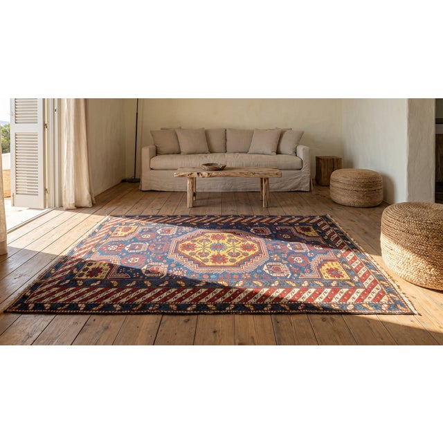 1920s Blue Geometric Antique Caucasian Rug 3'6" X 4'10" Handknotted Wool Carpet For Sale - Image 9 of 9